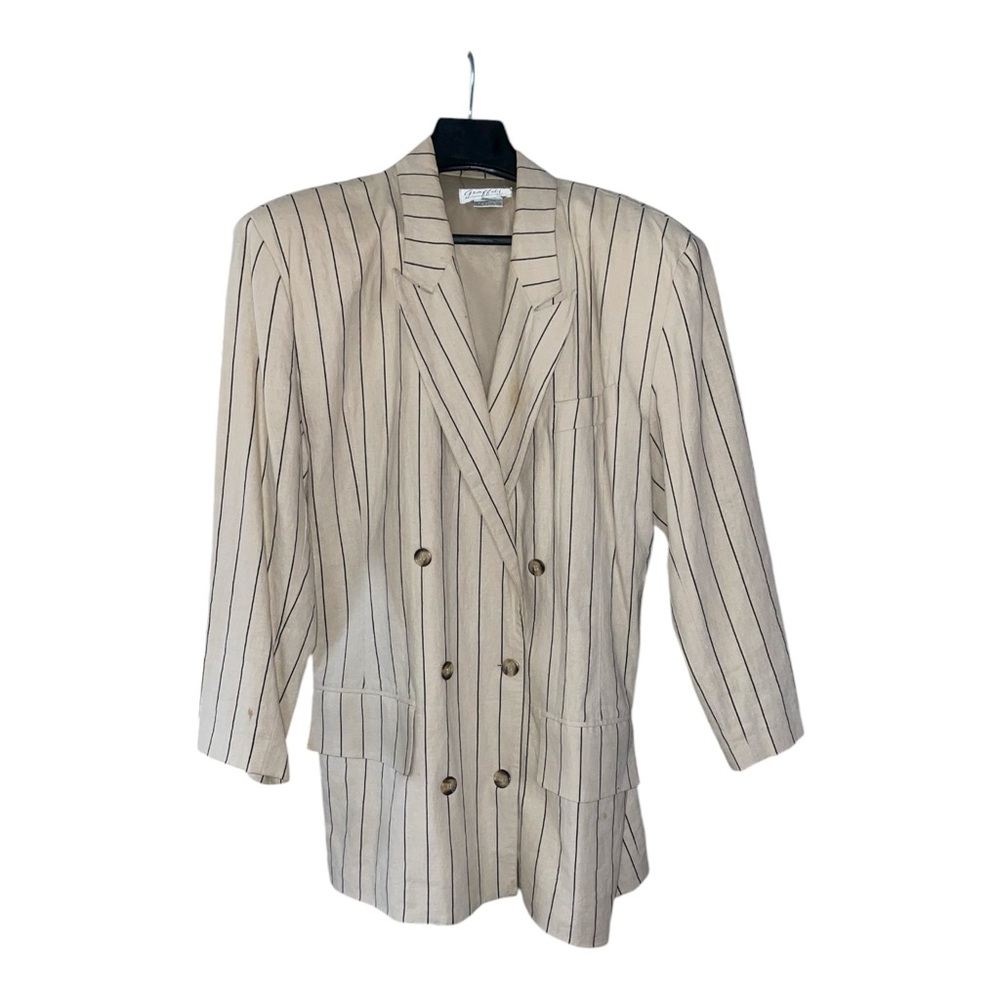 Vintage Women Graffiti Shoulder Pad Linen Blazer Ivory & Navy Stripe Size Large